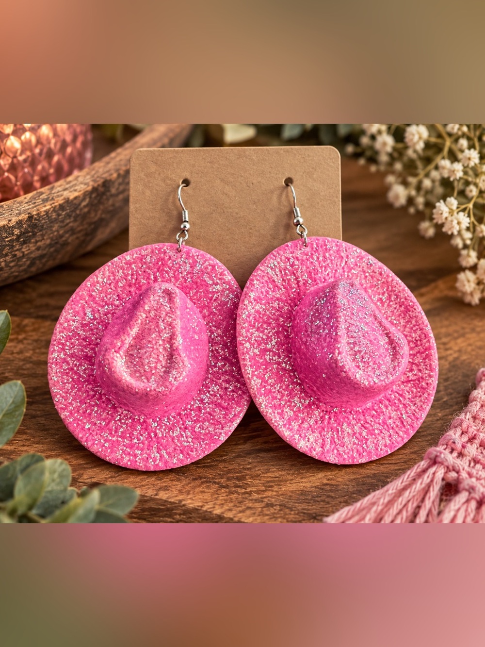 Handmade Pink Glitter Cowgirl Hat Statement Earrings